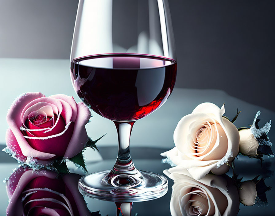 Red wine glass with roses and dew on muted background