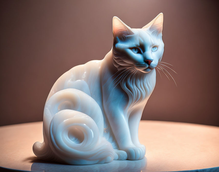 Blue-eyed cat porcelain figure with intricate detailing on warm-toned background