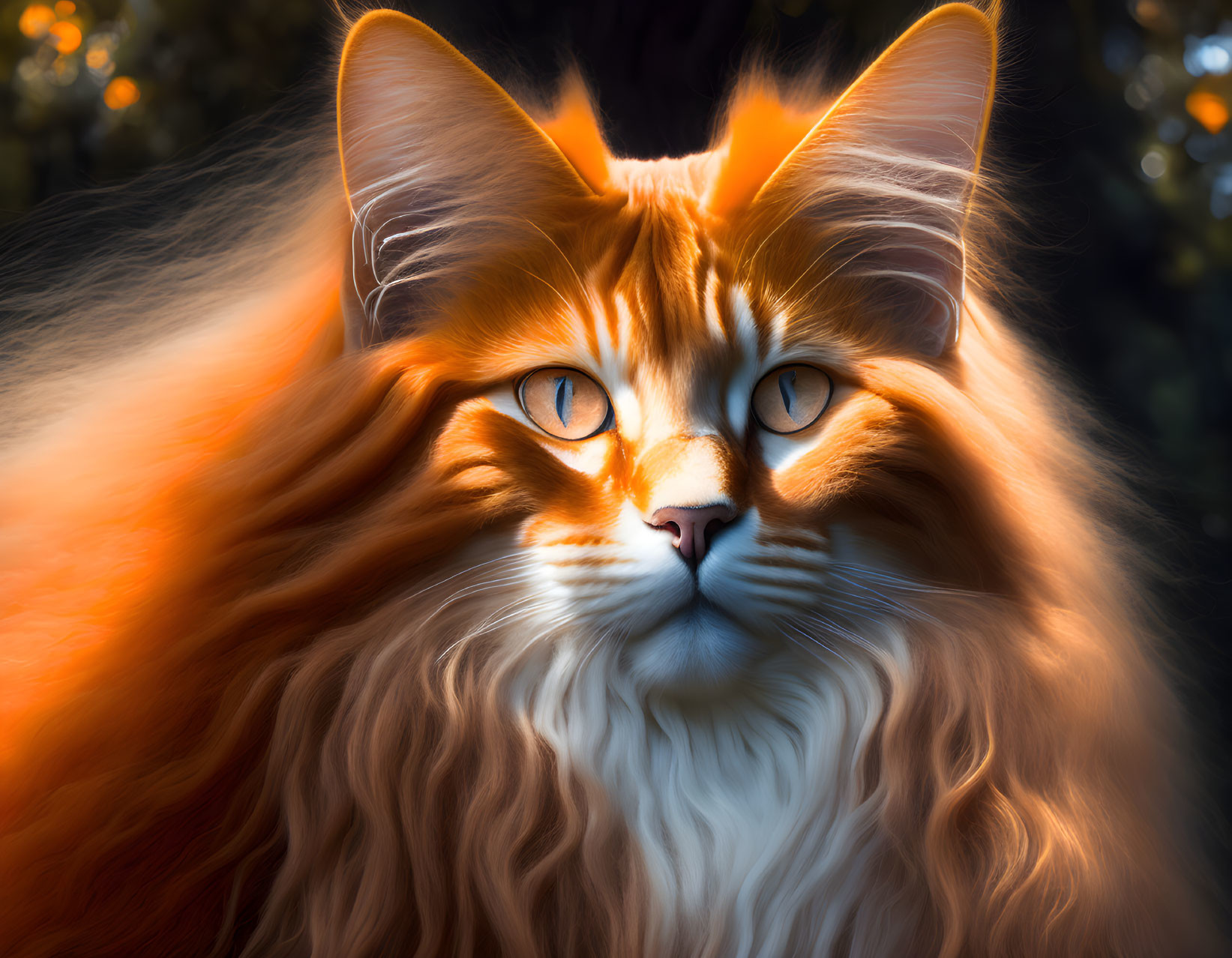 Fluffy orange and white cat with yellow eyes in warm light