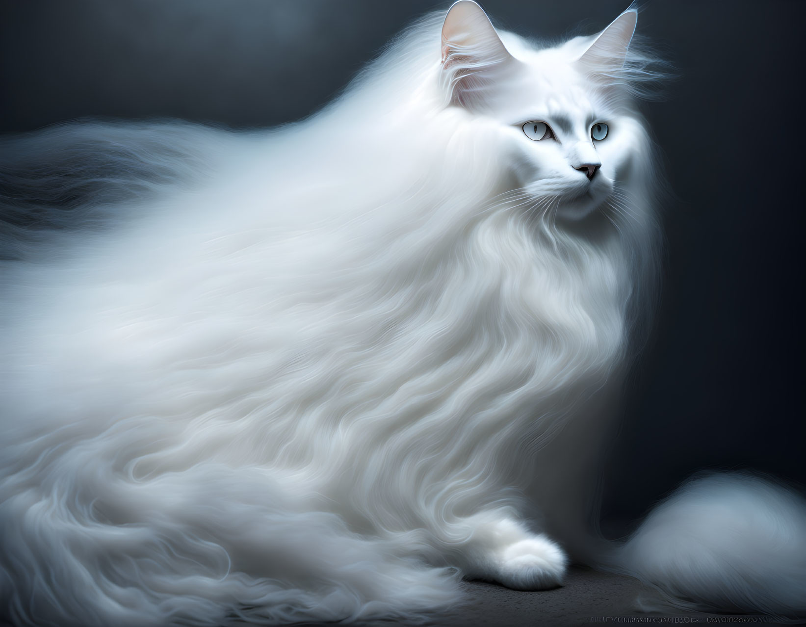 Long-haired White Cat with Blue Eyes on Dark Blue Background