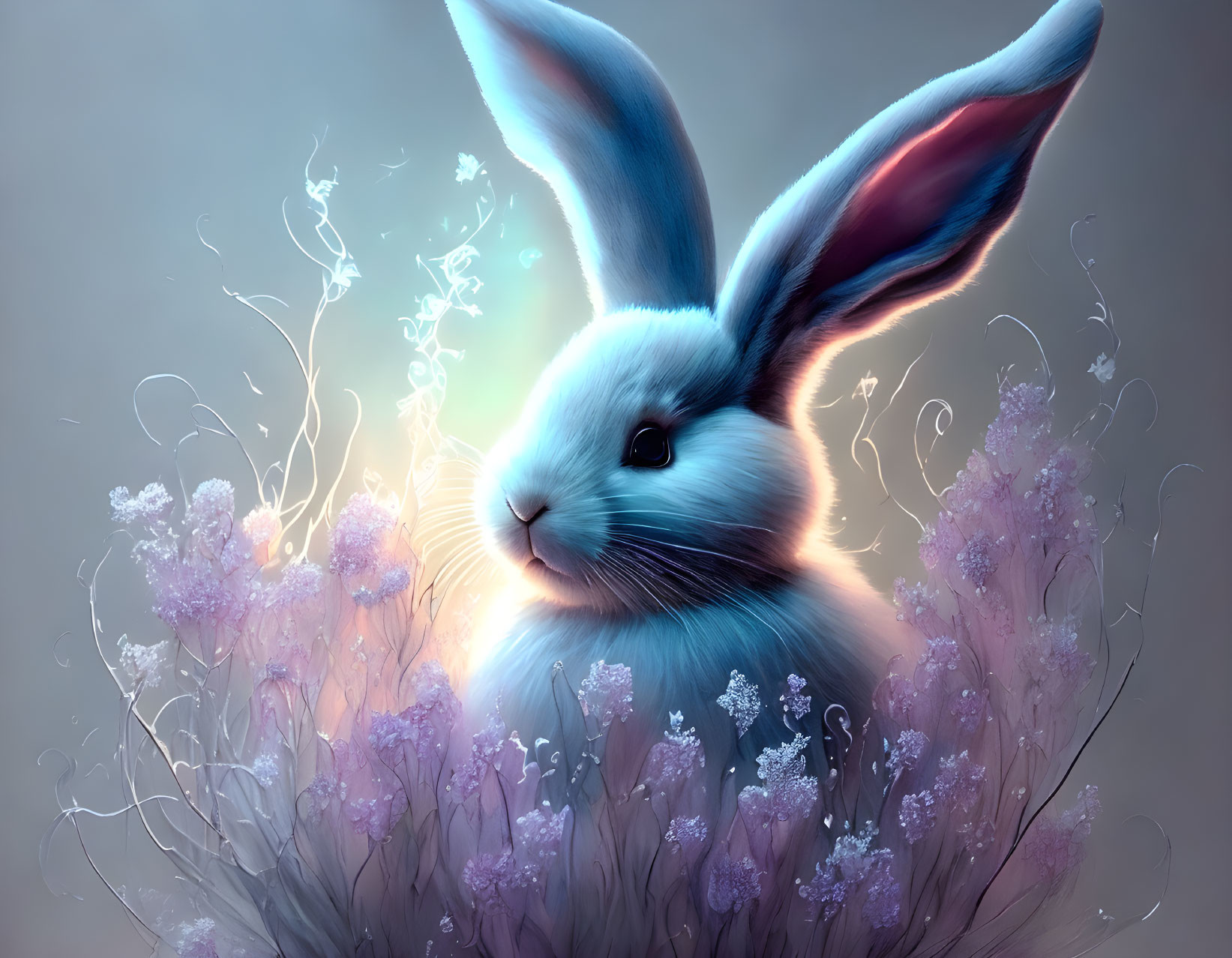 Enchanting white and blue rabbit in a magical field