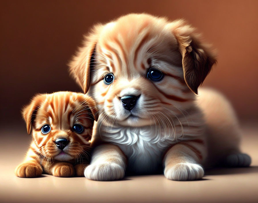 Fluffy-eyed puppies sitting closely together in endearing pose