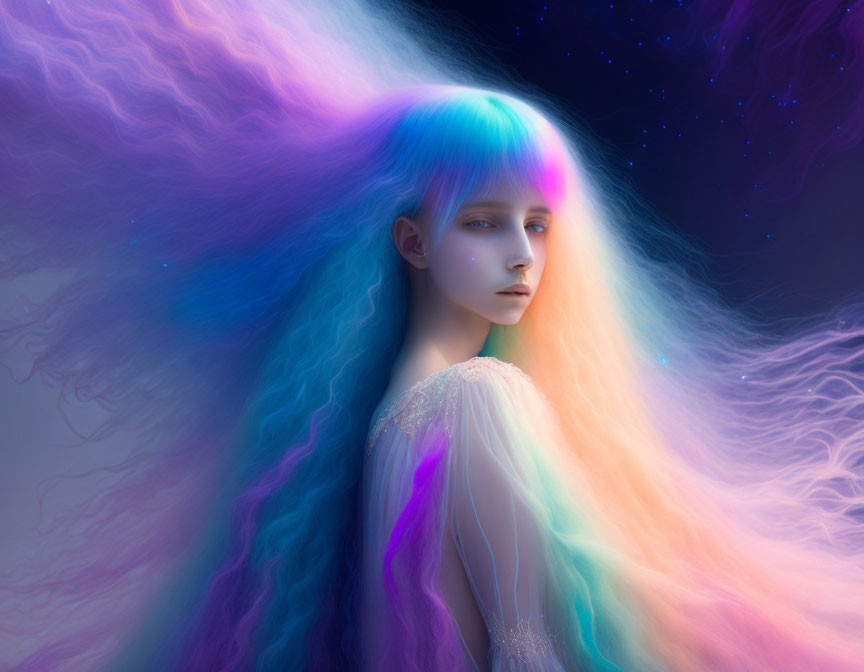 Person with Multi-Colored Hair in Surreal Cosmic Portrait