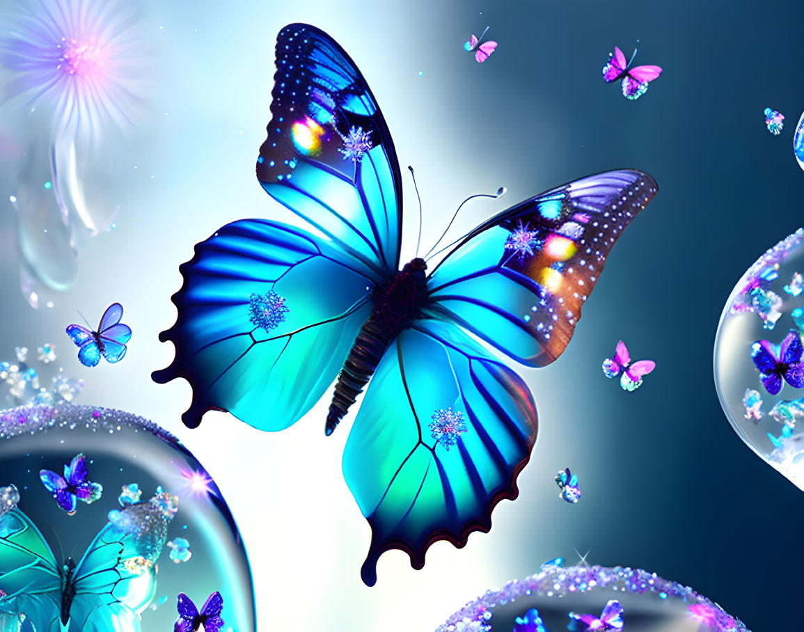 Colorful digital artwork featuring a large blue butterfly and glowing patterns, surrounded by smaller butterflies and bubbles on