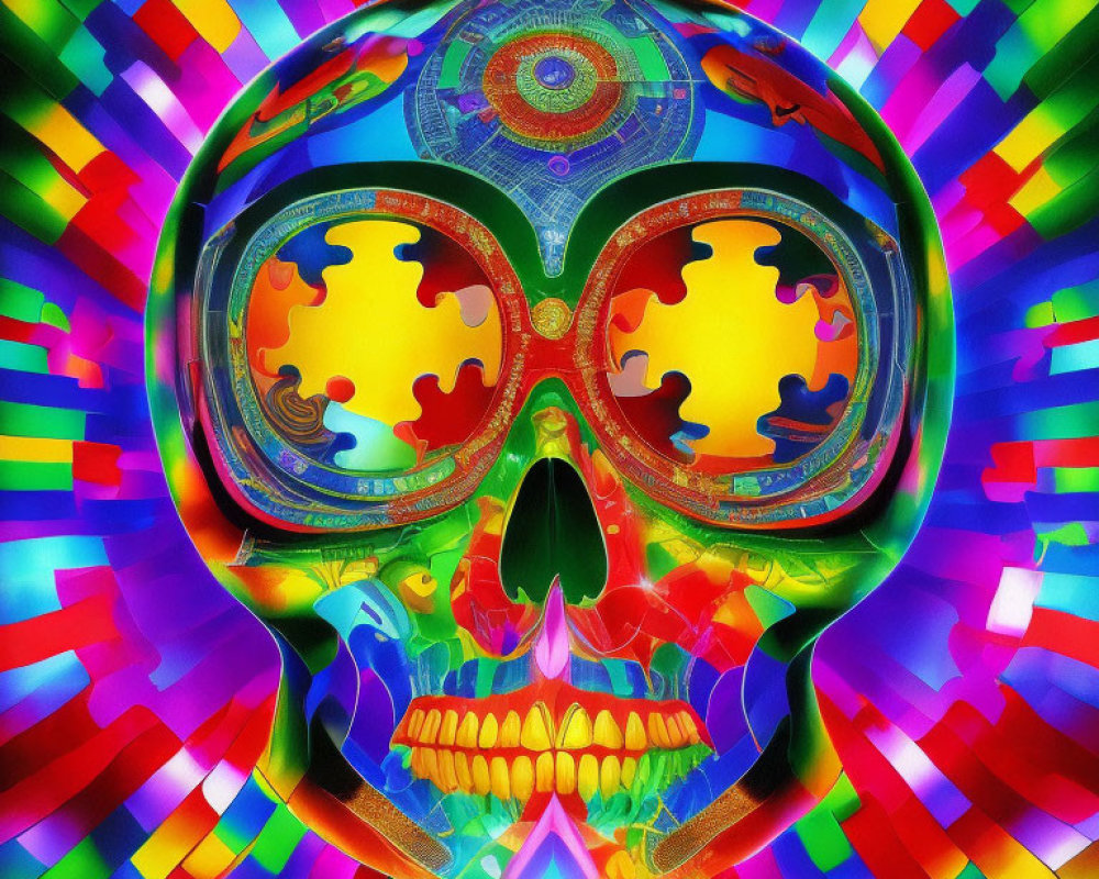 Colorful Psychedelic Skull with Rainbow Beams on Bright Background