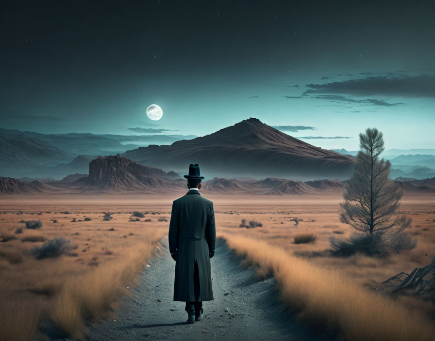 Figure in hat and coat in surreal desert landscape at twilight with full moon