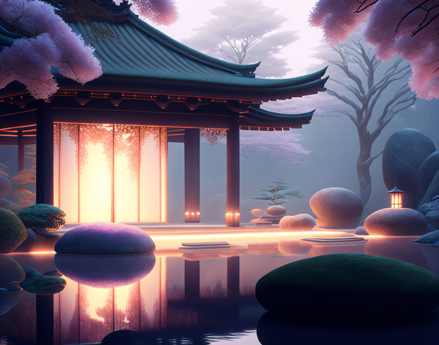 Japanese garden at twilight with traditional pavilion, lanterns, cherry blossoms, and serene stones.