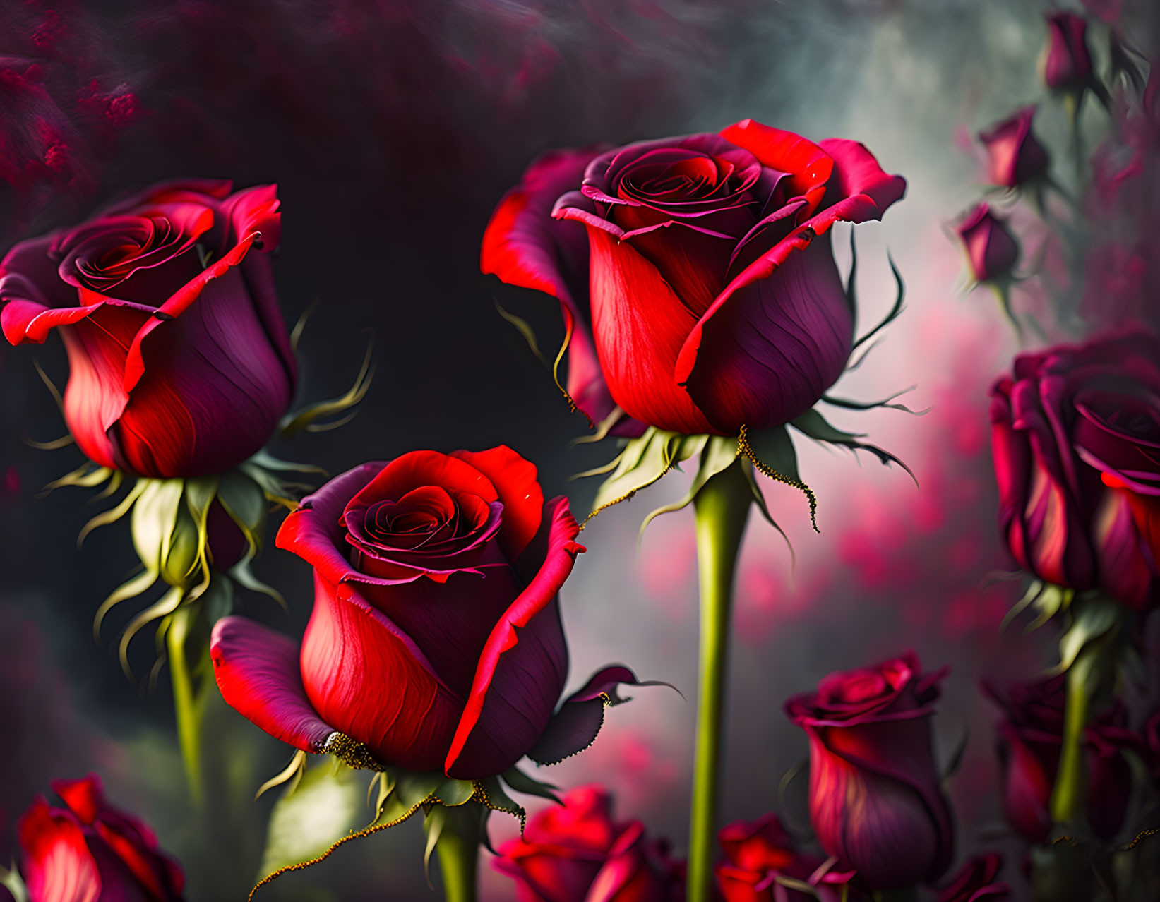 Detailed Red Roses on Green Stems Against Blurred Background