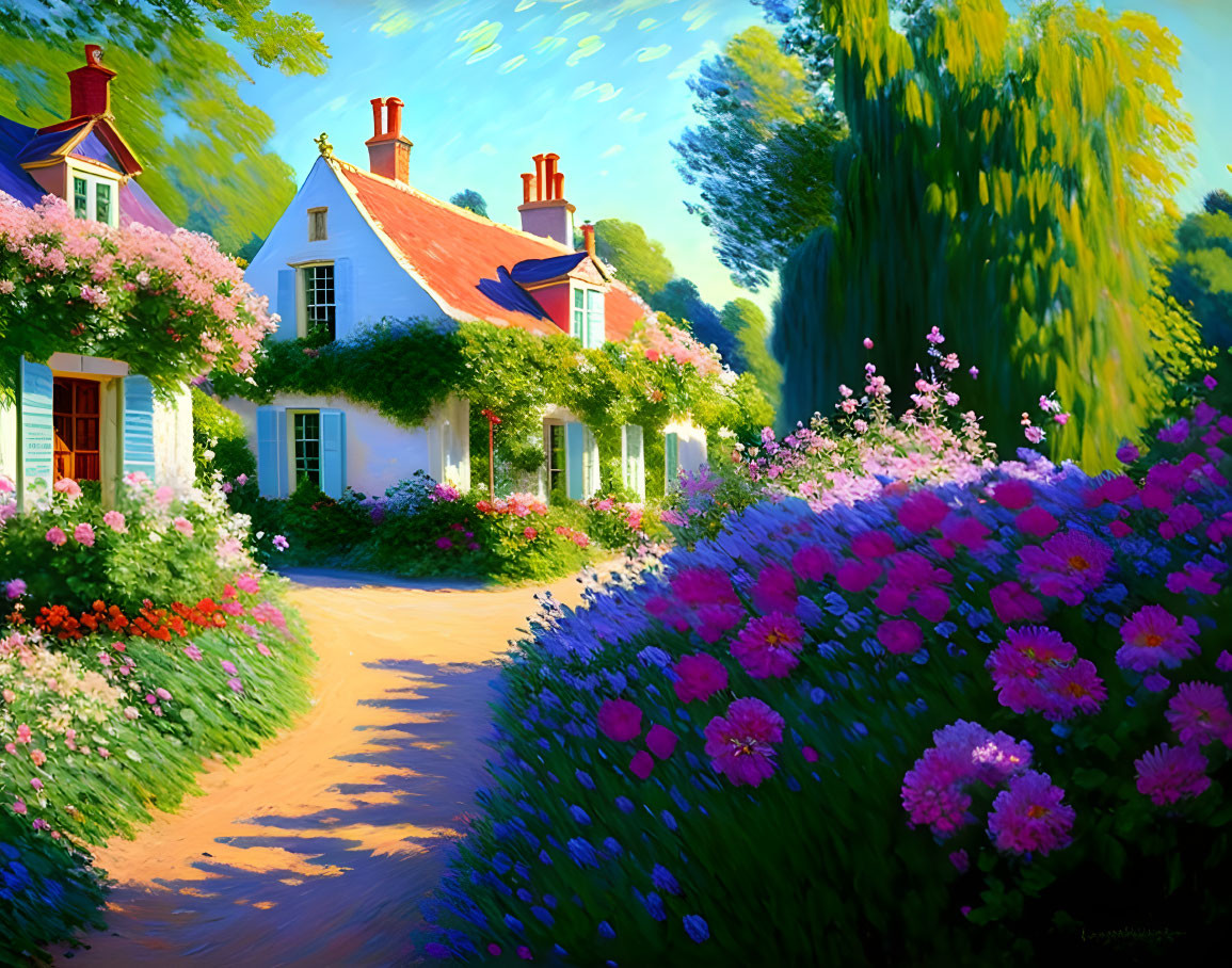 Scenic painting of quaint cottage in lush greenery