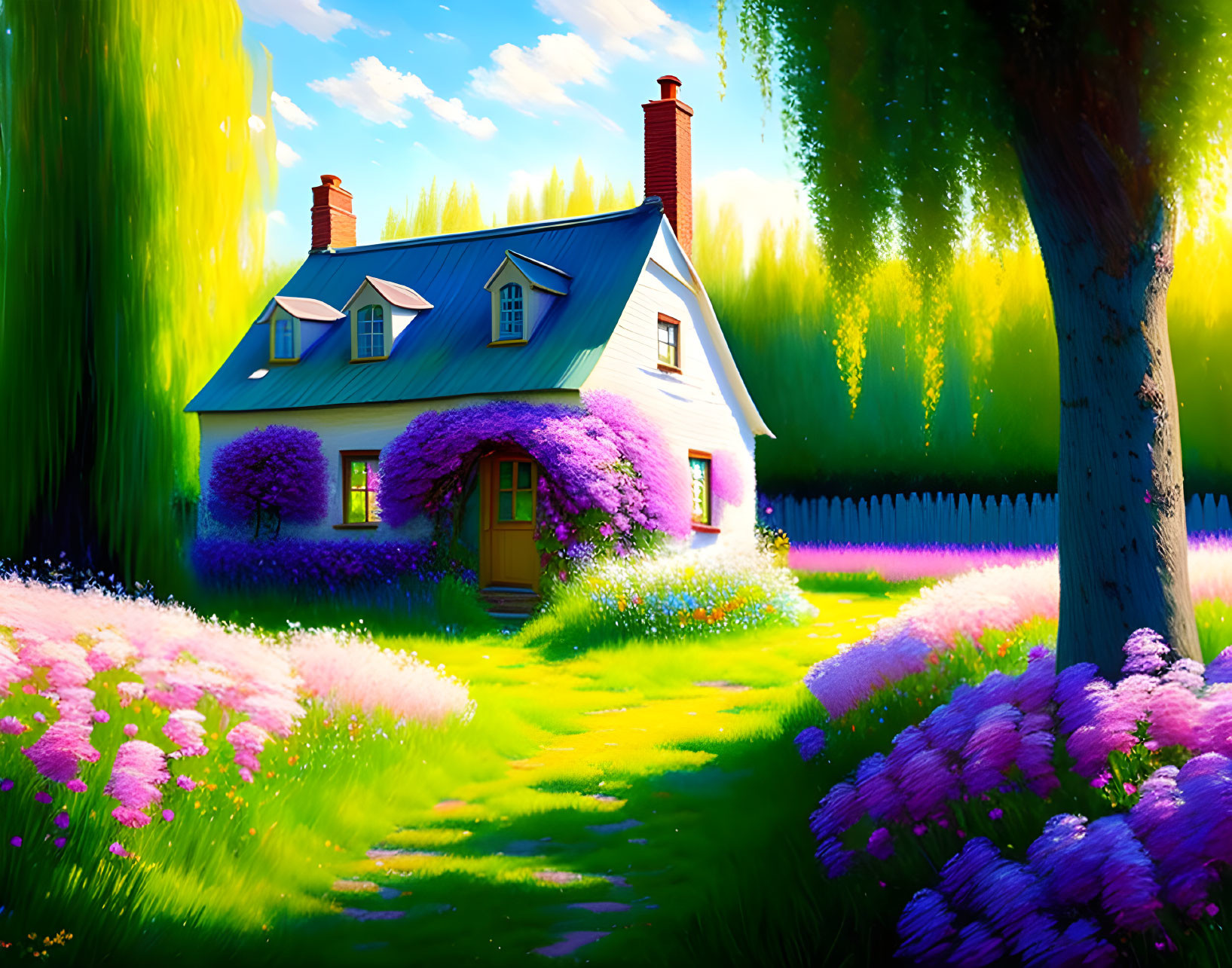 Blue-roofed cottage surrounded by lavender walls and colorful flowers under clear sky