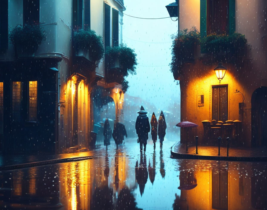 Night scene: People walking on rain-soaked cobblestone street under warm streetlights