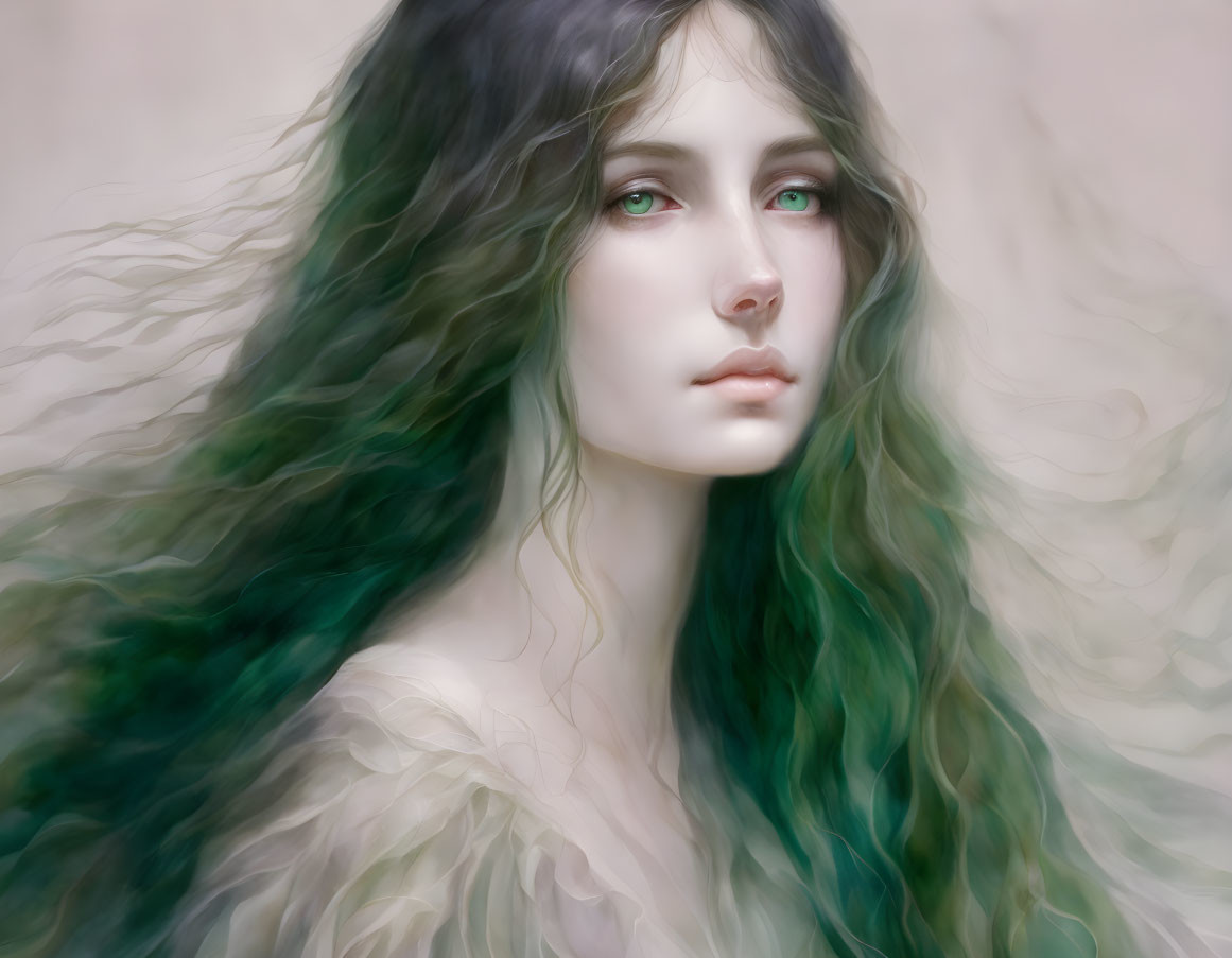 Digital painting of woman with flowing green hair and striking green eyes