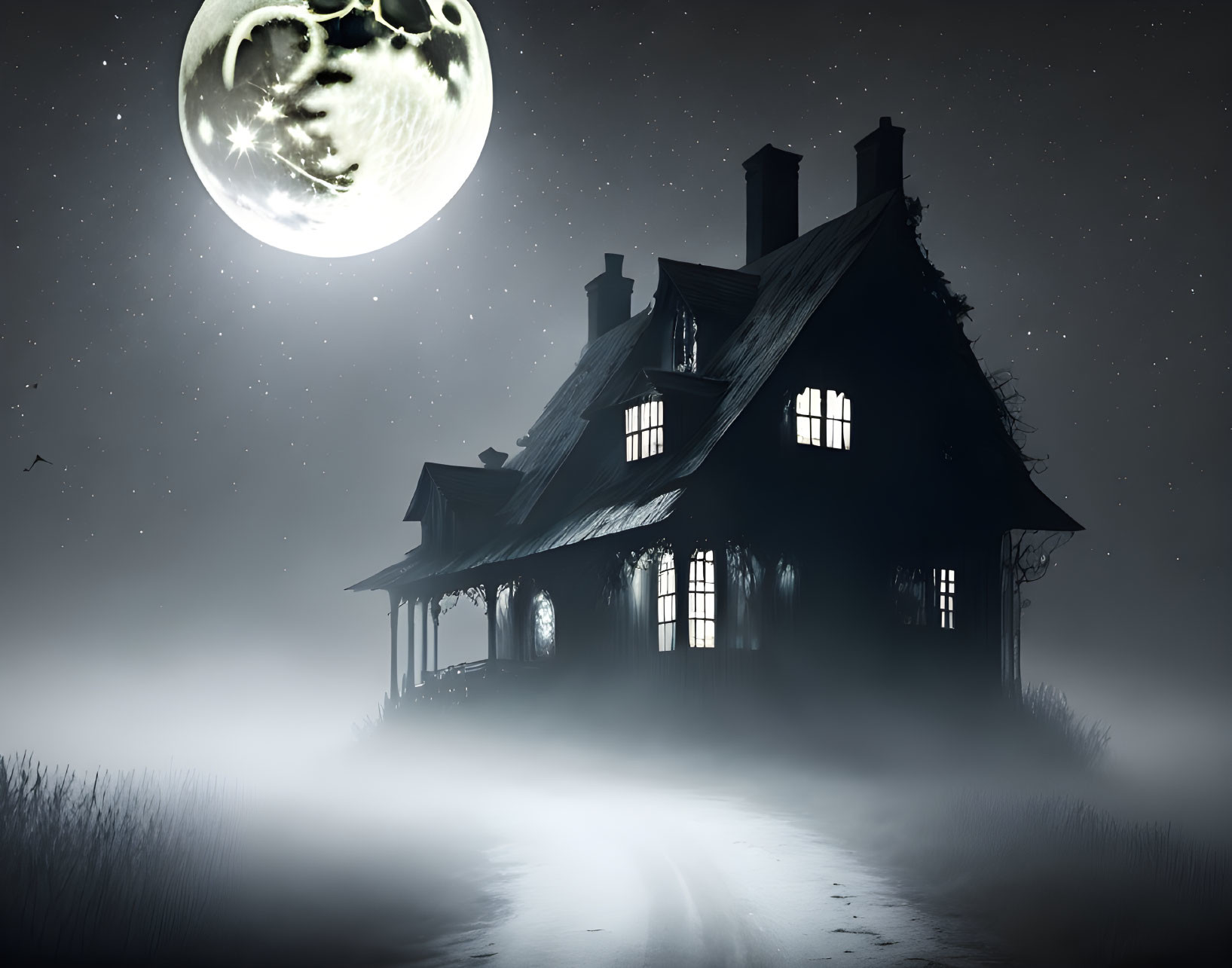 Spooky house with glowing windows under full moon on foggy night