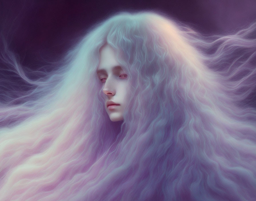 Person with flowing hair in ethereal cosmic background