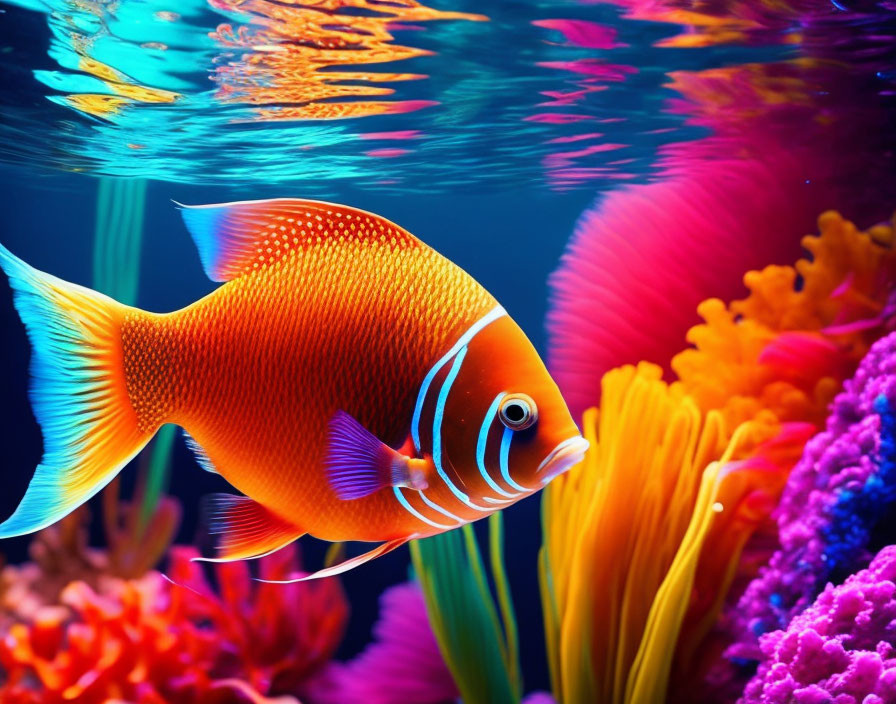 Colorful Orange Fish with White Stripes Among Underwater Corals