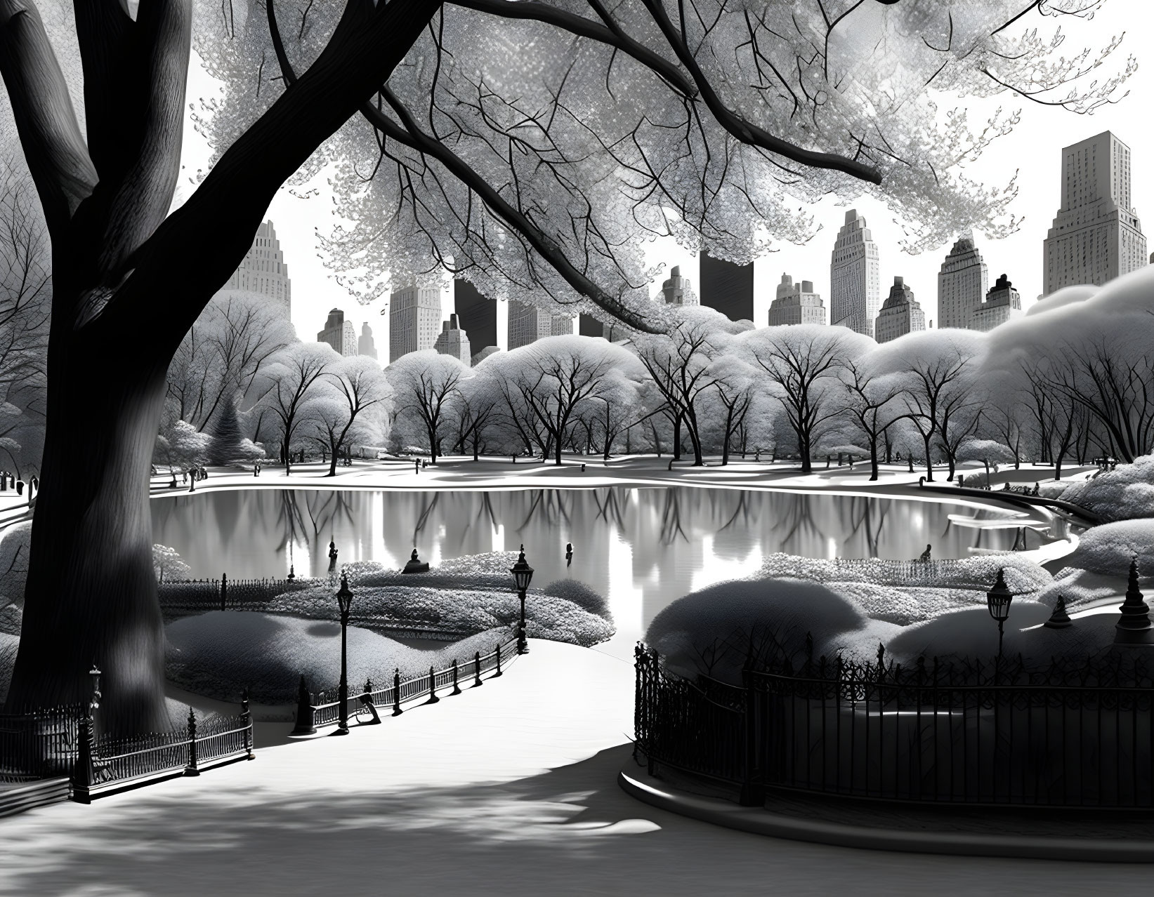 Monochromatic winter urban park with snowy trees and frozen pond