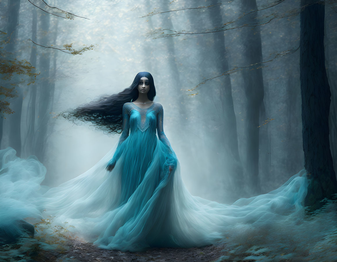 Woman in Elegant Blue Dress Stands in Mystical Forest