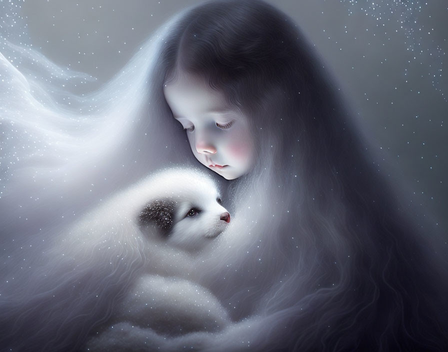 Girl with Long Dark Hair Embracing Small White Puppy in Mystical Starry Setting