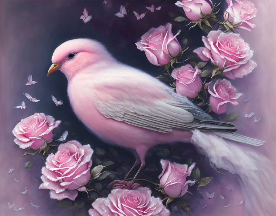 Pink bird surrounded by blooming roses in digital painting