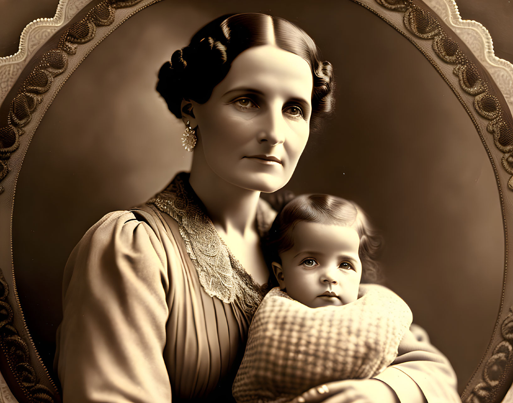 Sepia-Tone Vintage Portrait of Woman with Child in Ornate Oval Frame