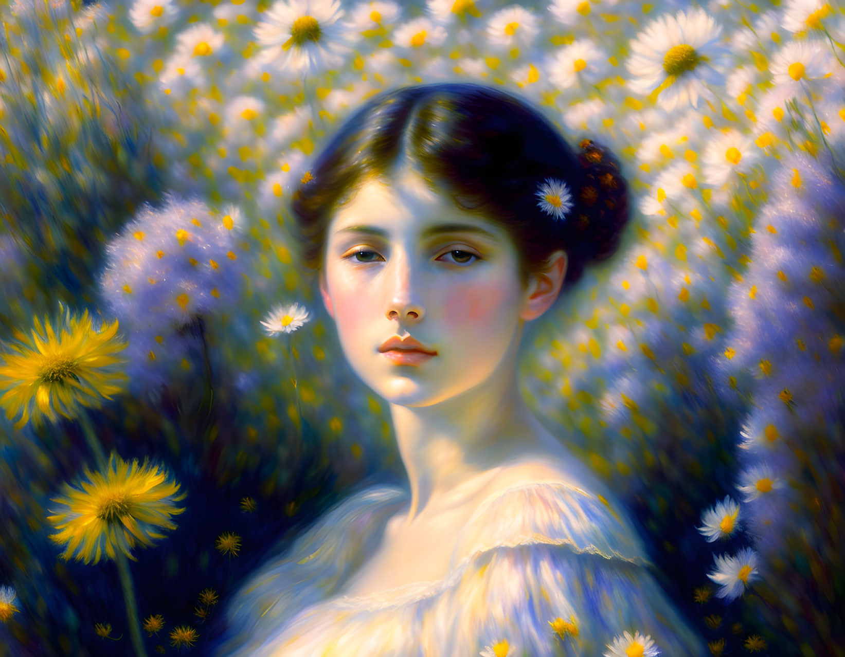 Young woman in serene portrait amidst lush dandelion field