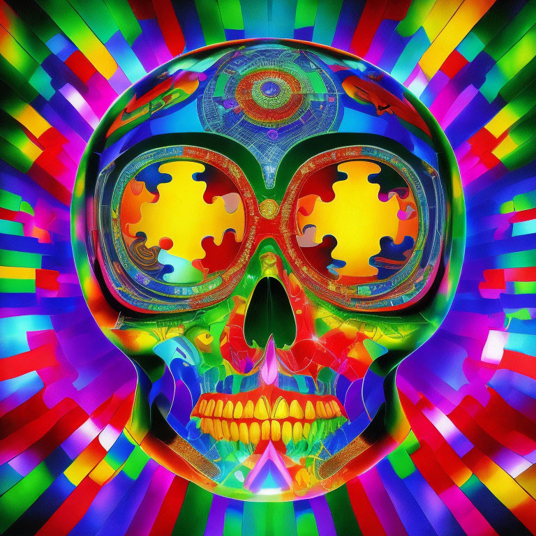 Colorful Psychedelic Skull with Rainbow Beams on Bright Background