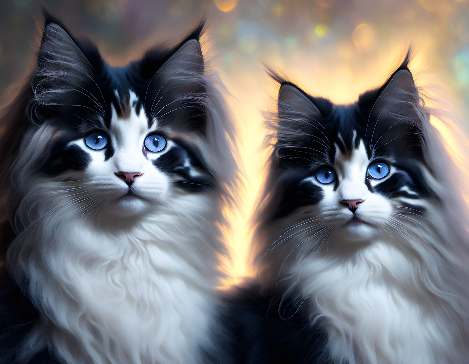 Fluffy black and white cats with blue eyes on warm background