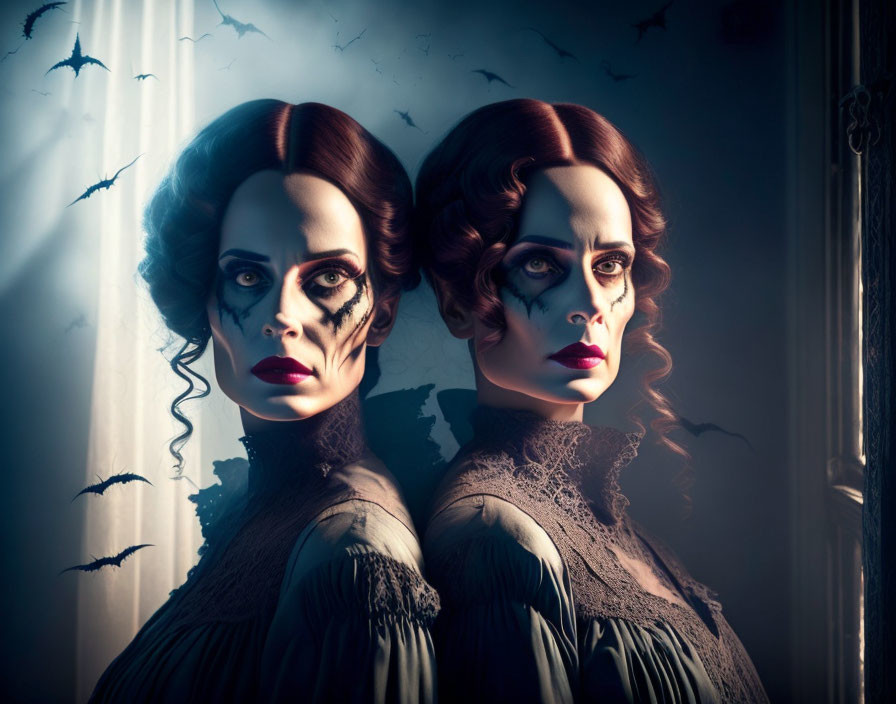 Dual-faced gothic makeup illusion on woman with flying bats in shadowy backdrop