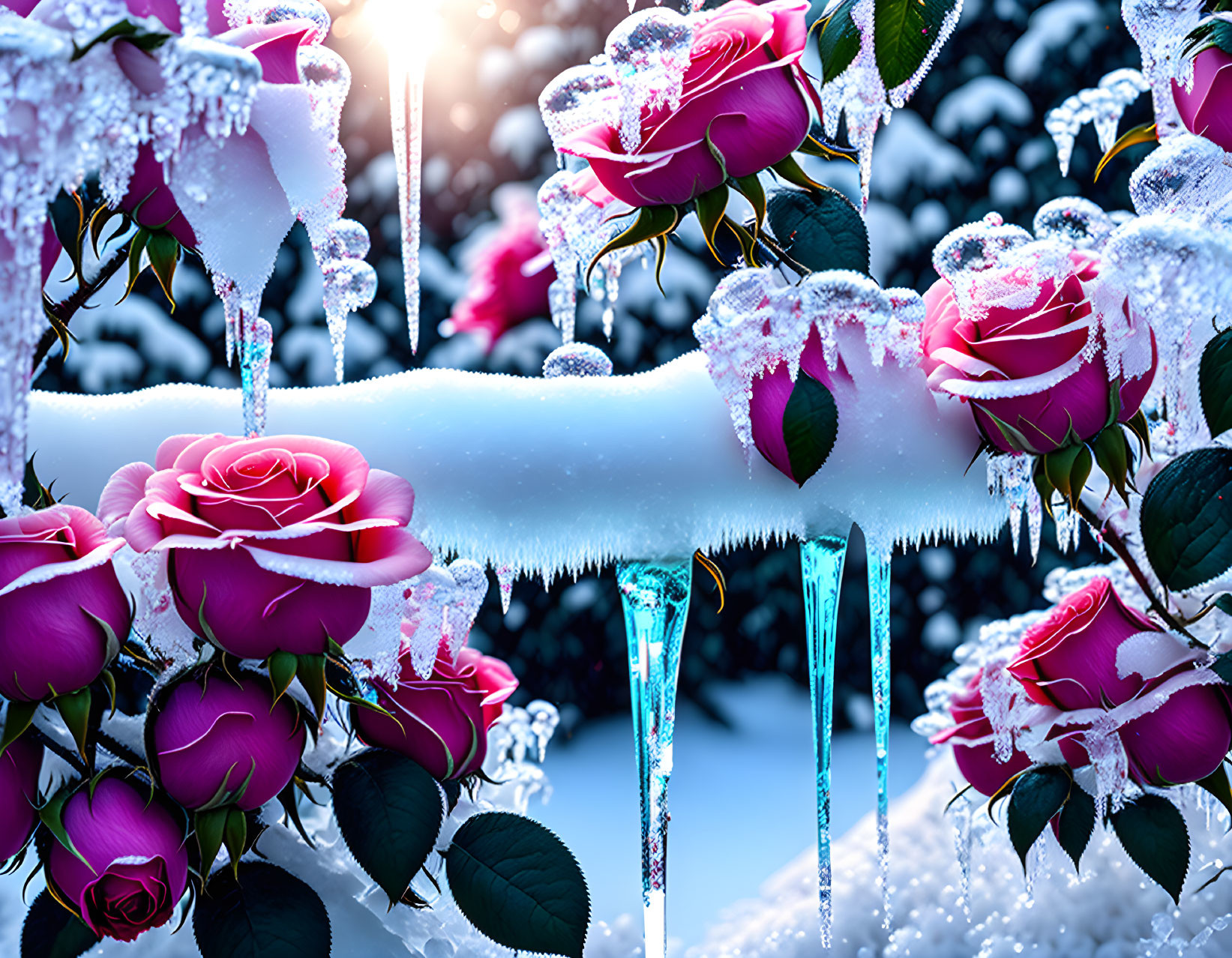 Snow-covered pink roses with frost and icicles in winter sunlight