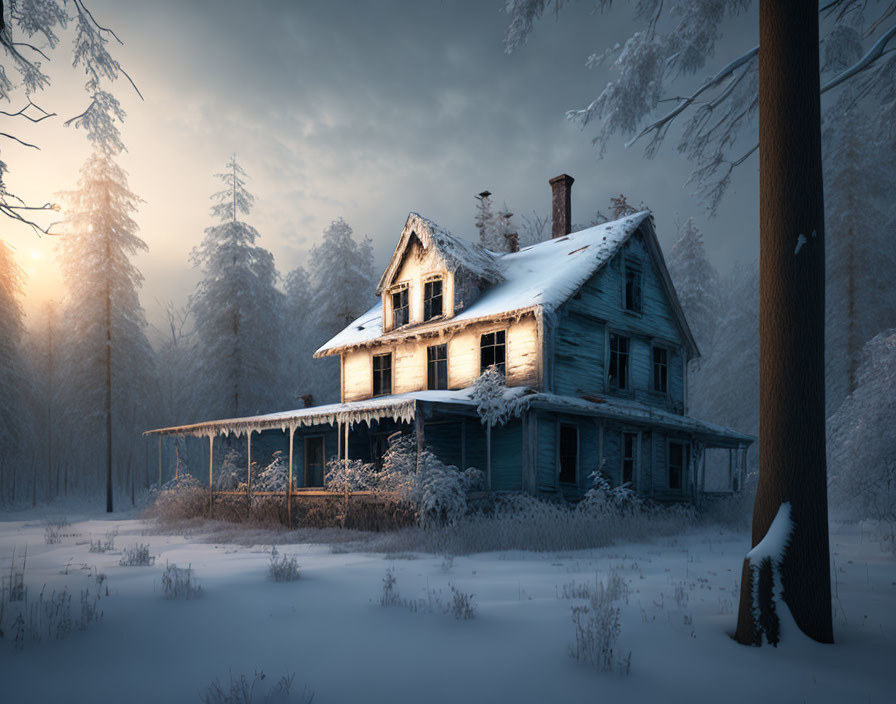 Abandoned two-story blue house in snowy forest with sunlight filtering through trees