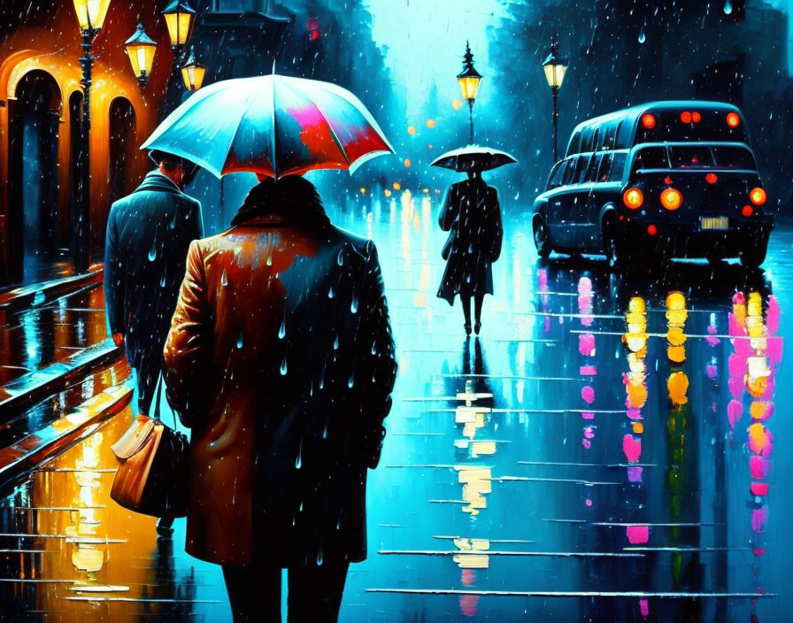 Vibrant rainy street at night with people and umbrellas