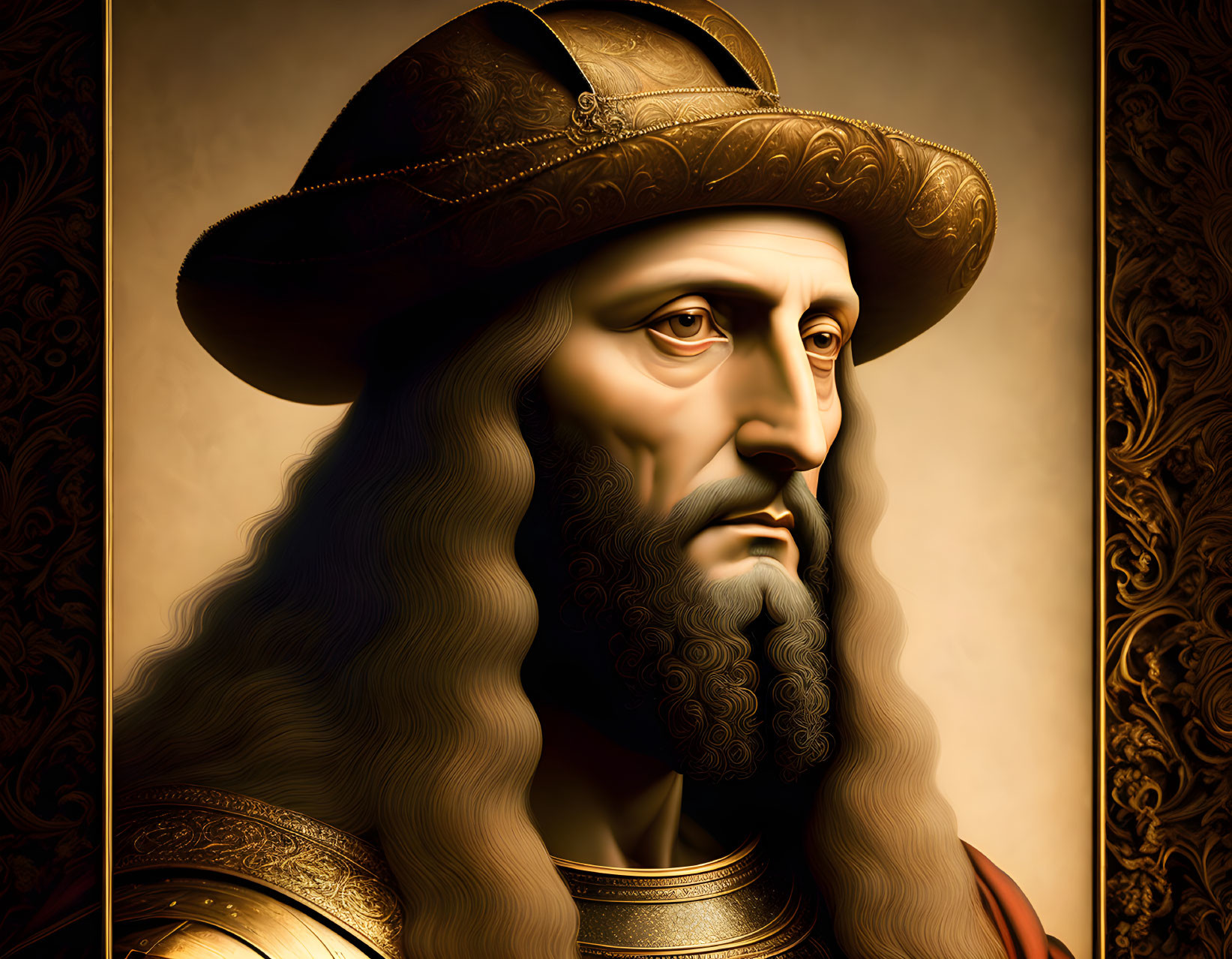 Historical armor-clad bearded man in wide-brimmed hat on golden backdrop