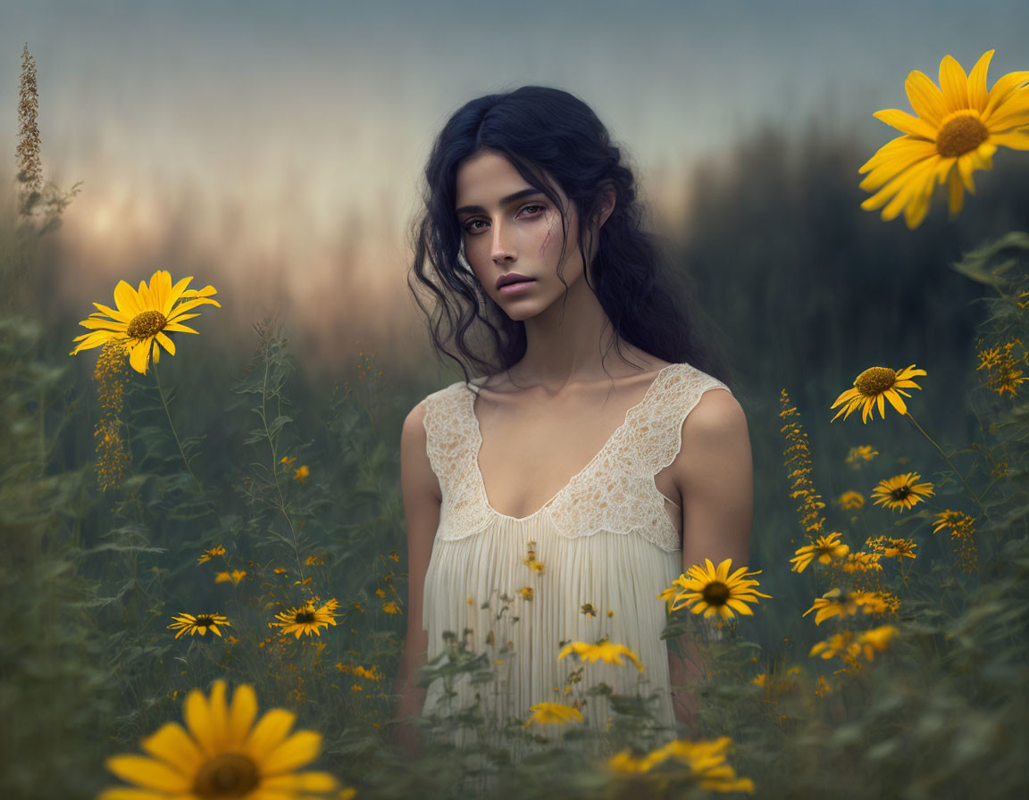 Woman in White Dress Standing in Field of Tall Grass and Yellow Flowers