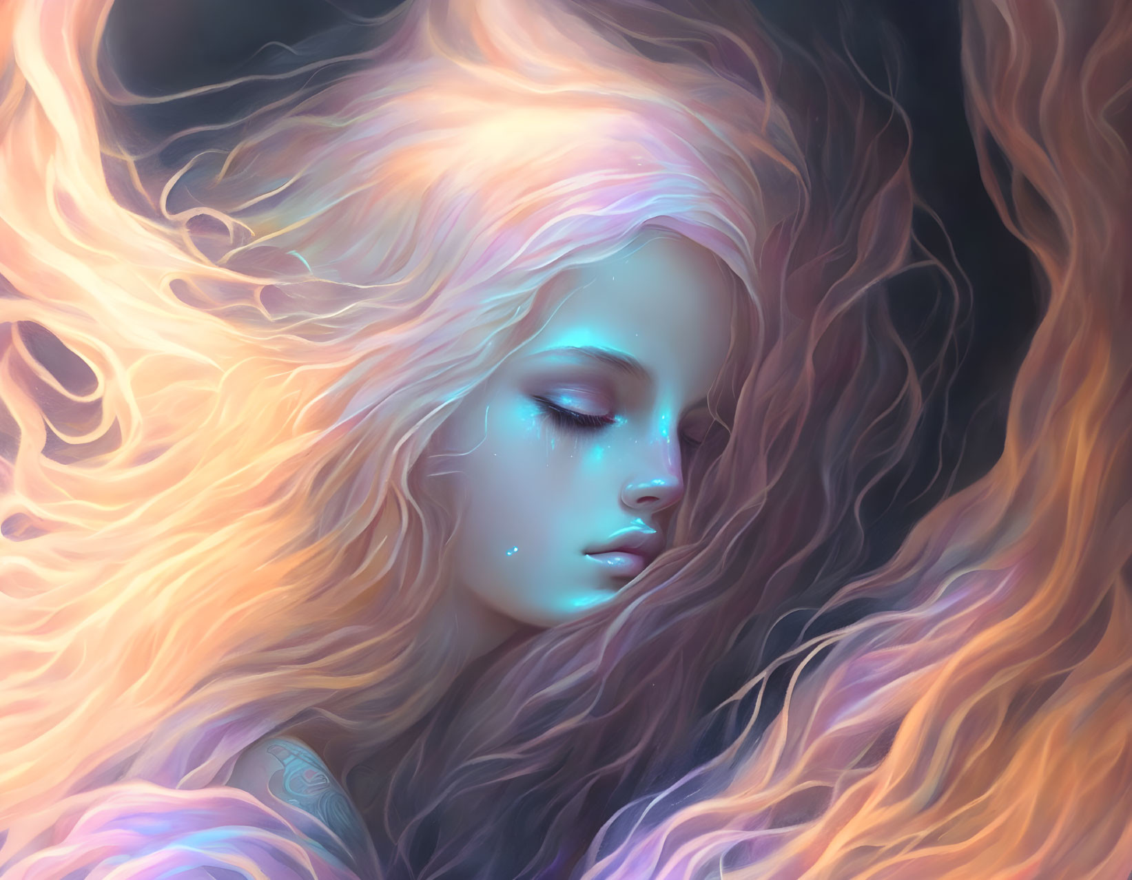 Ethereal female figure with glowing blue skin and flowing hair in dreamy setting