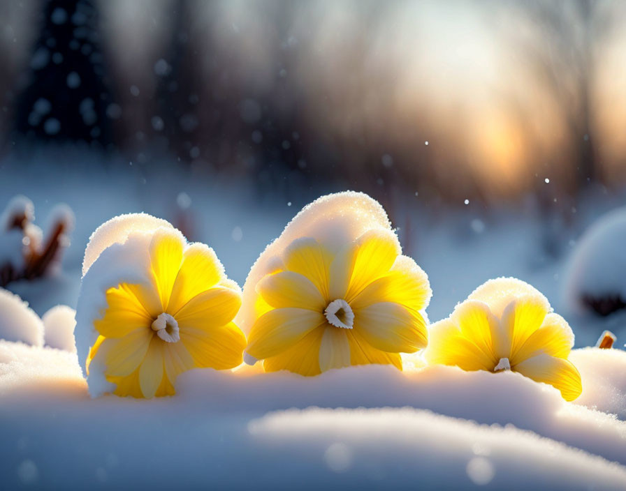 Yellow flowers in snow under golden sunlight.