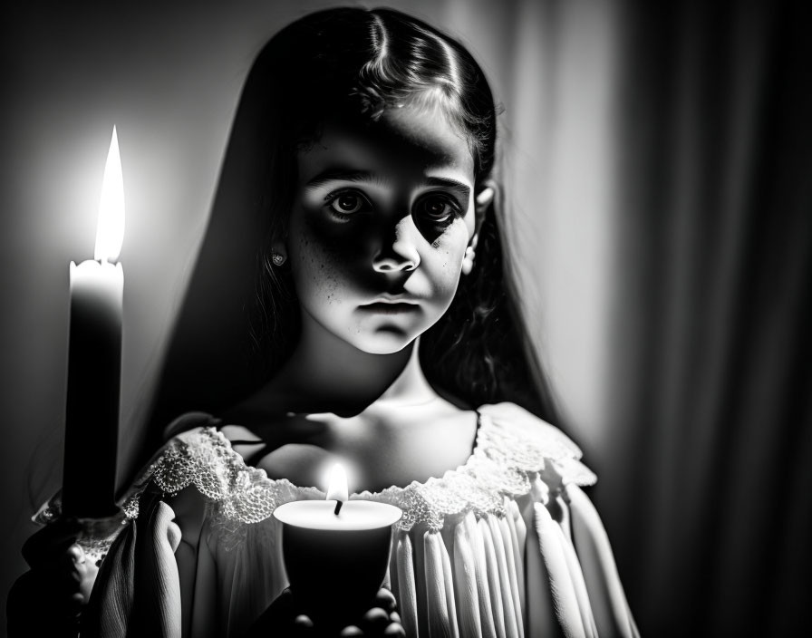 Young girl holding a lit candle with intense gaze