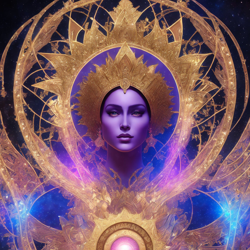 Regal figure with golden headdress in cosmic setting