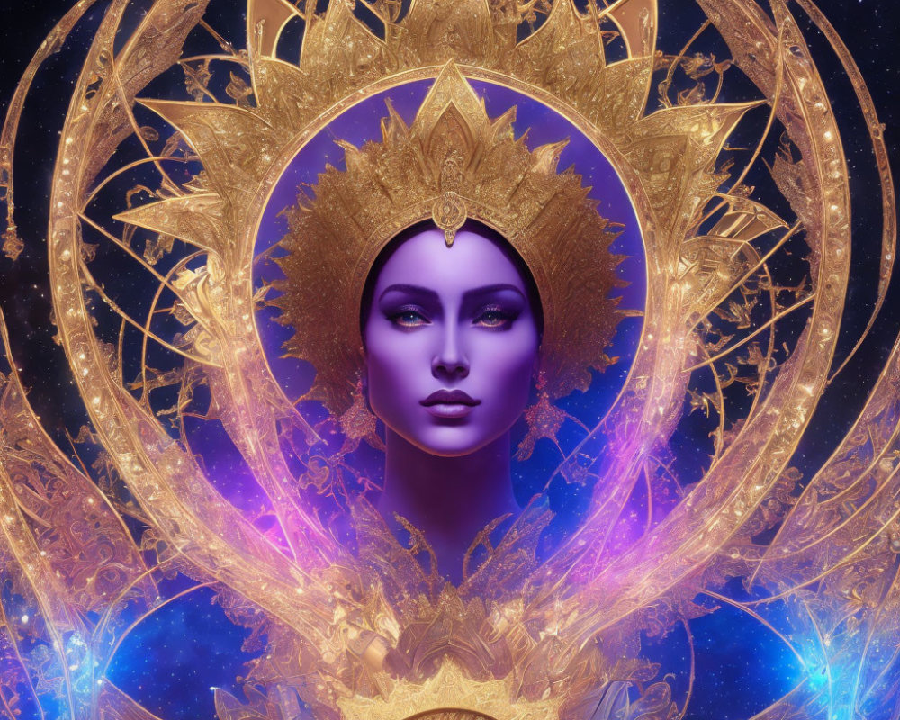 Regal figure with golden headdress in cosmic setting