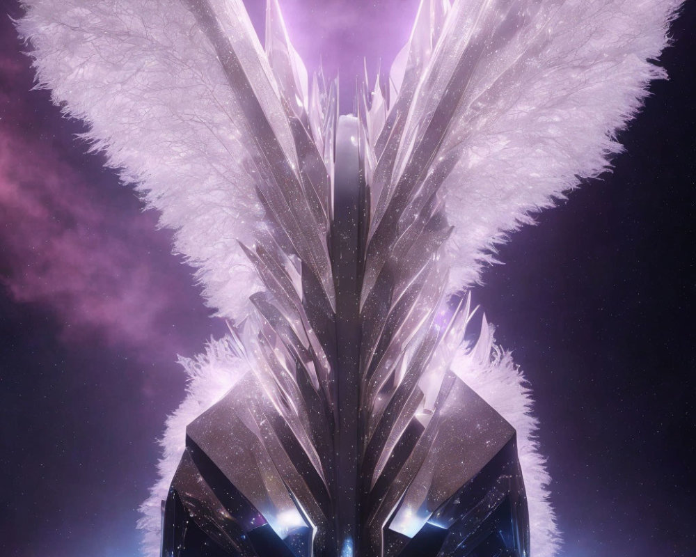 Sharp-edged crystal structure against purple sky