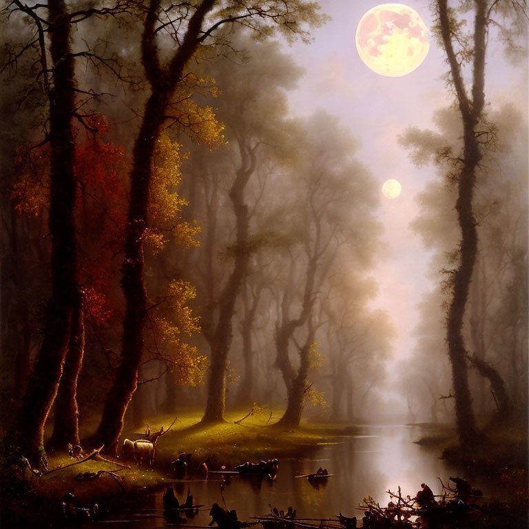 Full moon over misty forest and reflective river with grazing deer.