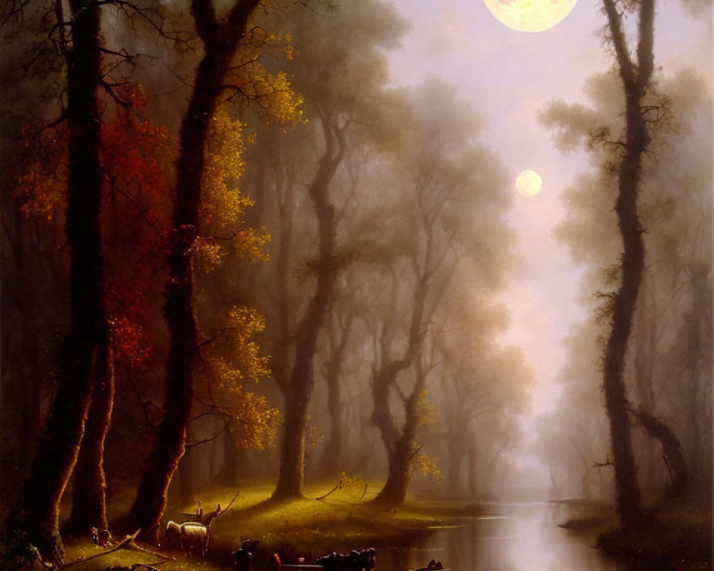 Full moon over misty forest and reflective river with grazing deer.