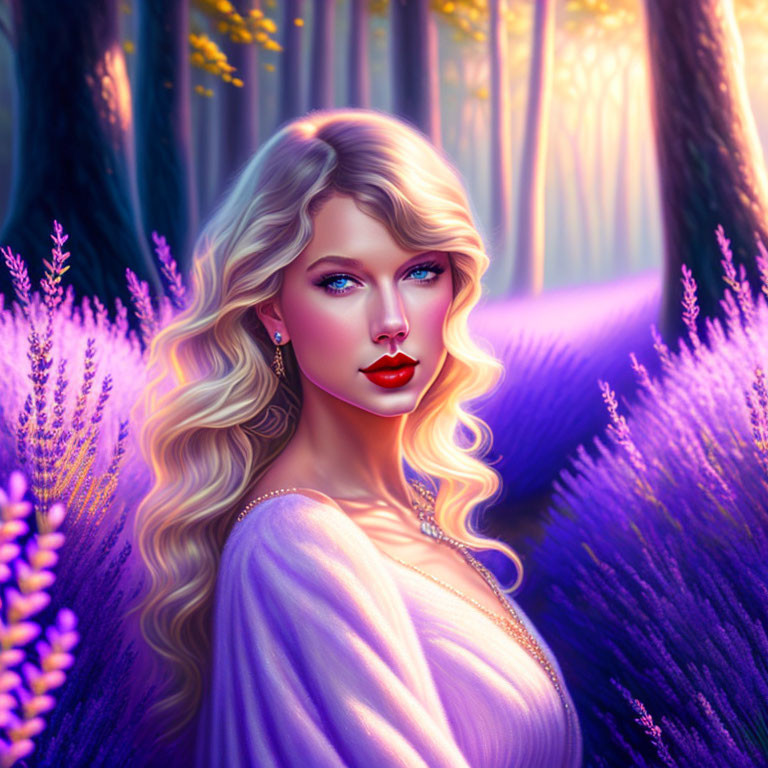 Blonde Woman with Red Lipstick in Purple Dress in Lavender Forest