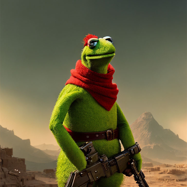 Green frog in sci-fi outfit with blaster & red scarf, in desert with mountains