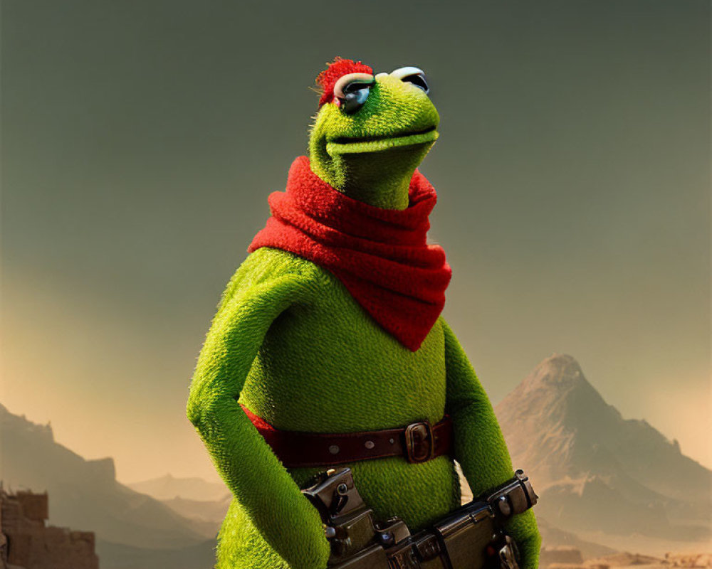Green frog in sci-fi outfit with blaster & red scarf, in desert with mountains