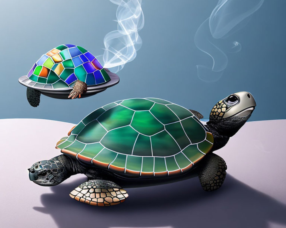 Colorful Geometric Turtle Artwork on Gradated Background with Smoke Wisps