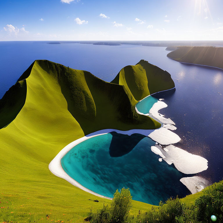 Scenic view of green hills, turquoise lagoon, white sandbanks, and blue ocean