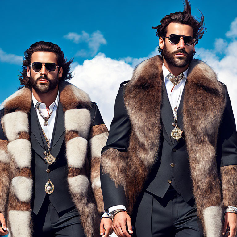 Men in stylish suits and fur-trimmed coats against blue sky.