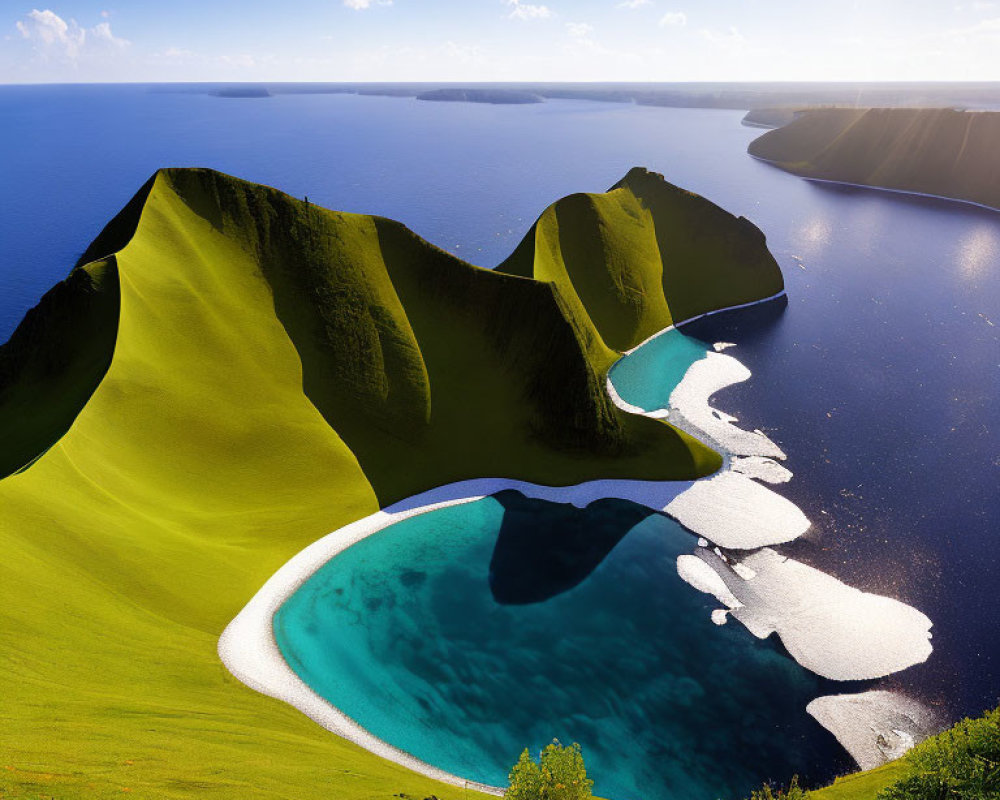 Scenic view of green hills, turquoise lagoon, white sandbanks, and blue ocean