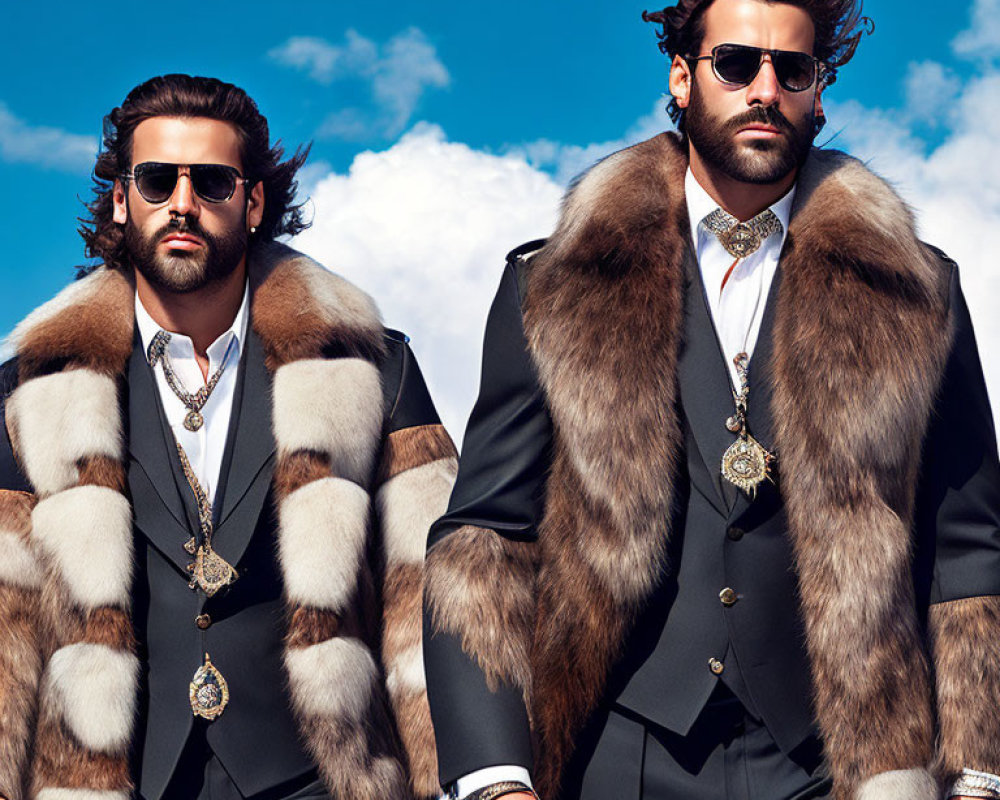 Men in stylish suits and fur-trimmed coats against blue sky.