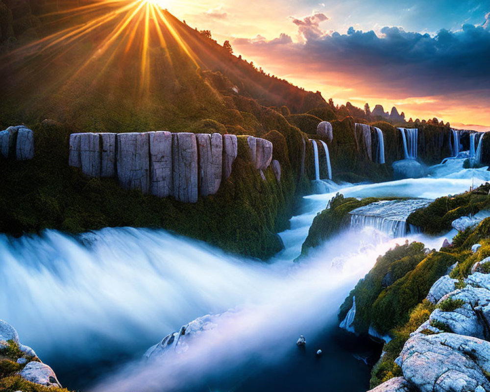 Scenic sunrise over cascading waterfall and cliffs